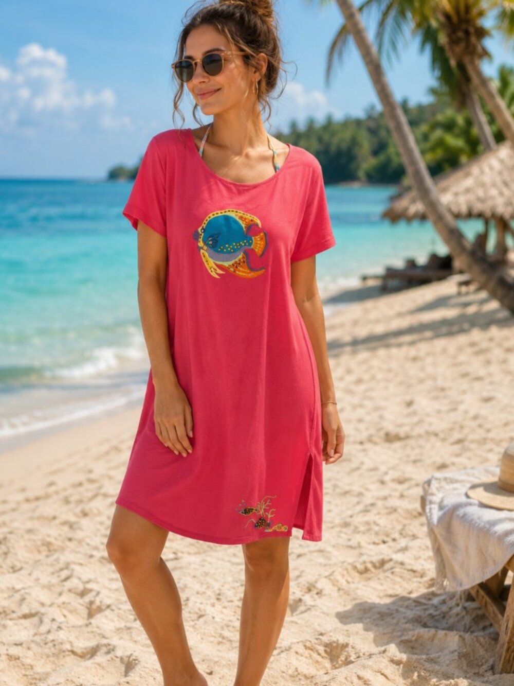 100% Cotton Hot pink stretchy vacay resort Cover Up dress L